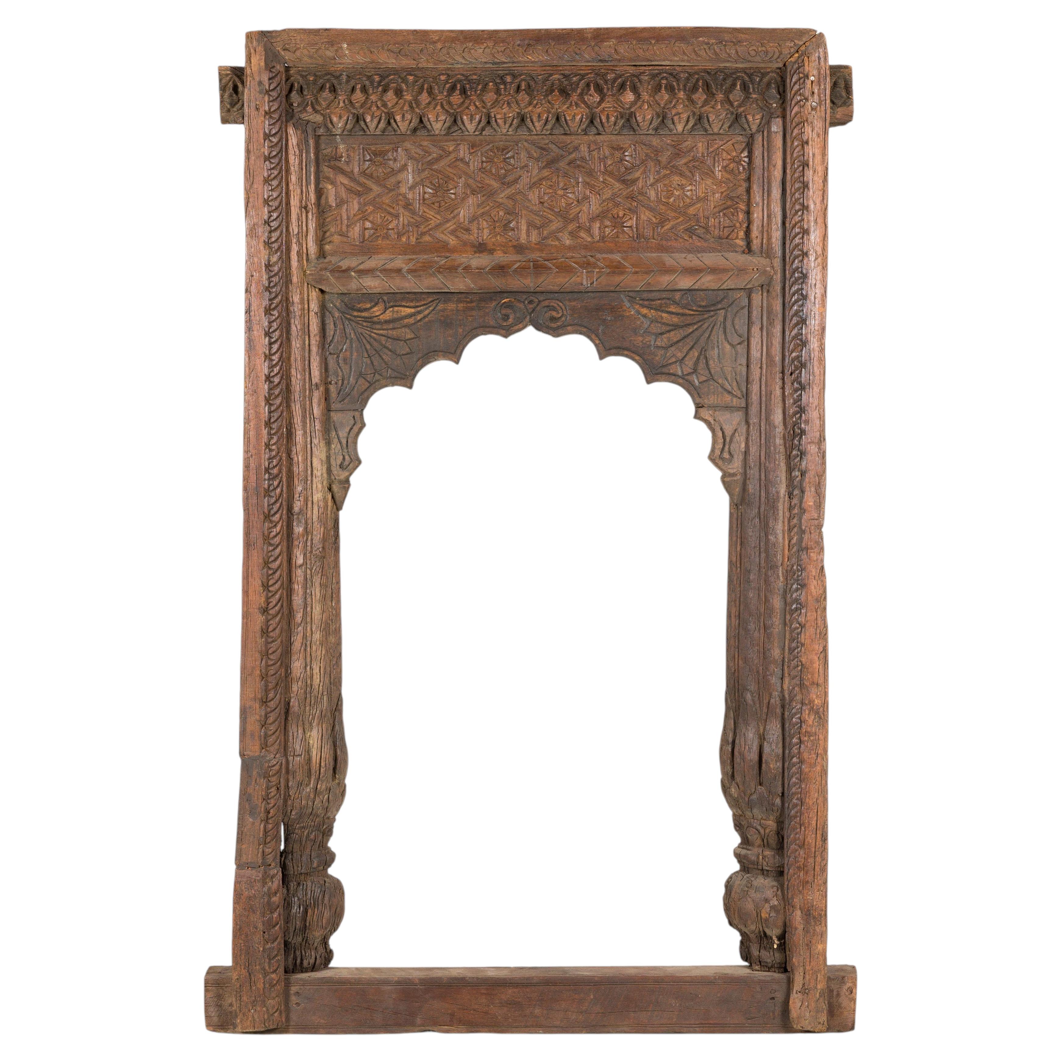 Antique Indian Hand-Carved Architectural Frame with Arched Opening