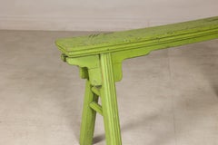 Vintage Chinese Green Painted Bench with A-Frame Supports and Curved Top