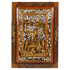 Antique Chinese Qing Carved Giltwood Wall Panel with Figural Court Scene