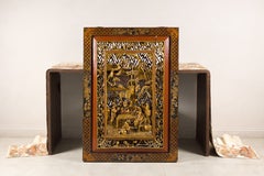Antique Chinese Qing Carved Giltwood Wall Panel with Figural Court Scene
