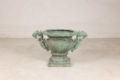 Greco-Roman Style Bronze Urn with Ram’s-Head Handles and Verde Patina