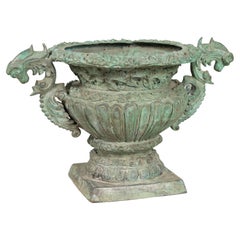 Greco-Roman Style Bronze Urn with Ram’s-Head Handles and Verde Patina