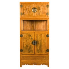 Late 19th Century Chinese Elm Cabinet with Burlwood Panels and Brass Hardware