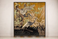 Vintage Chinese Four-Panel Painted Screen with Cranes on Gold-Tone Ground