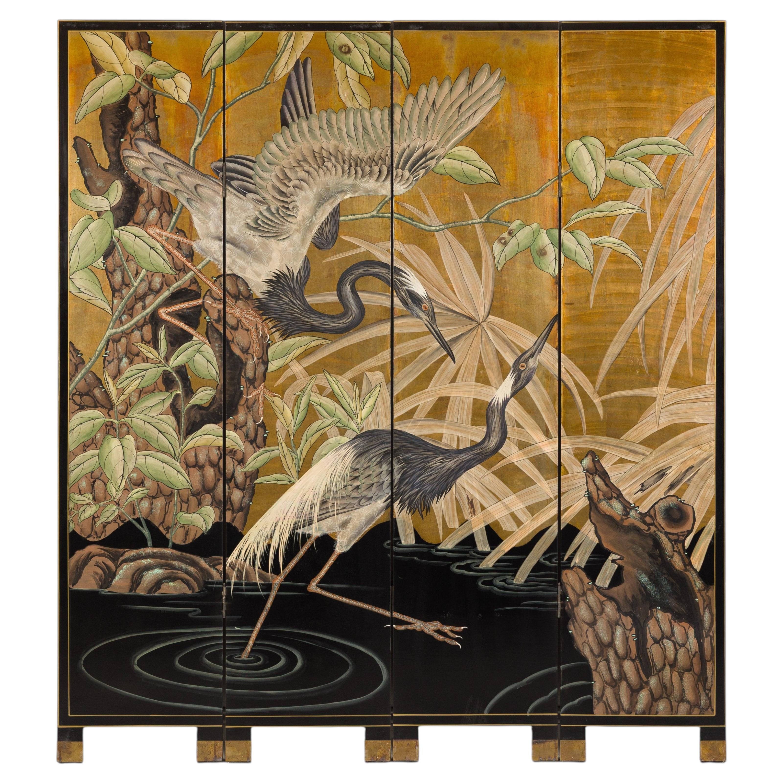Vintage Chinese Four-Panel Painted Screen with Cranes on Gold-Tone Ground