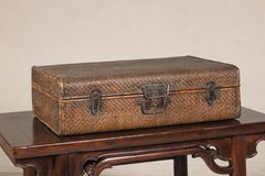 Late Qing Dynasty Chinese Woven Rattan Suitcase Trunk with Iron Hardware