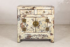 Vintage Chinese Rustic Side Cabinet with Distressed Cream Lacquer