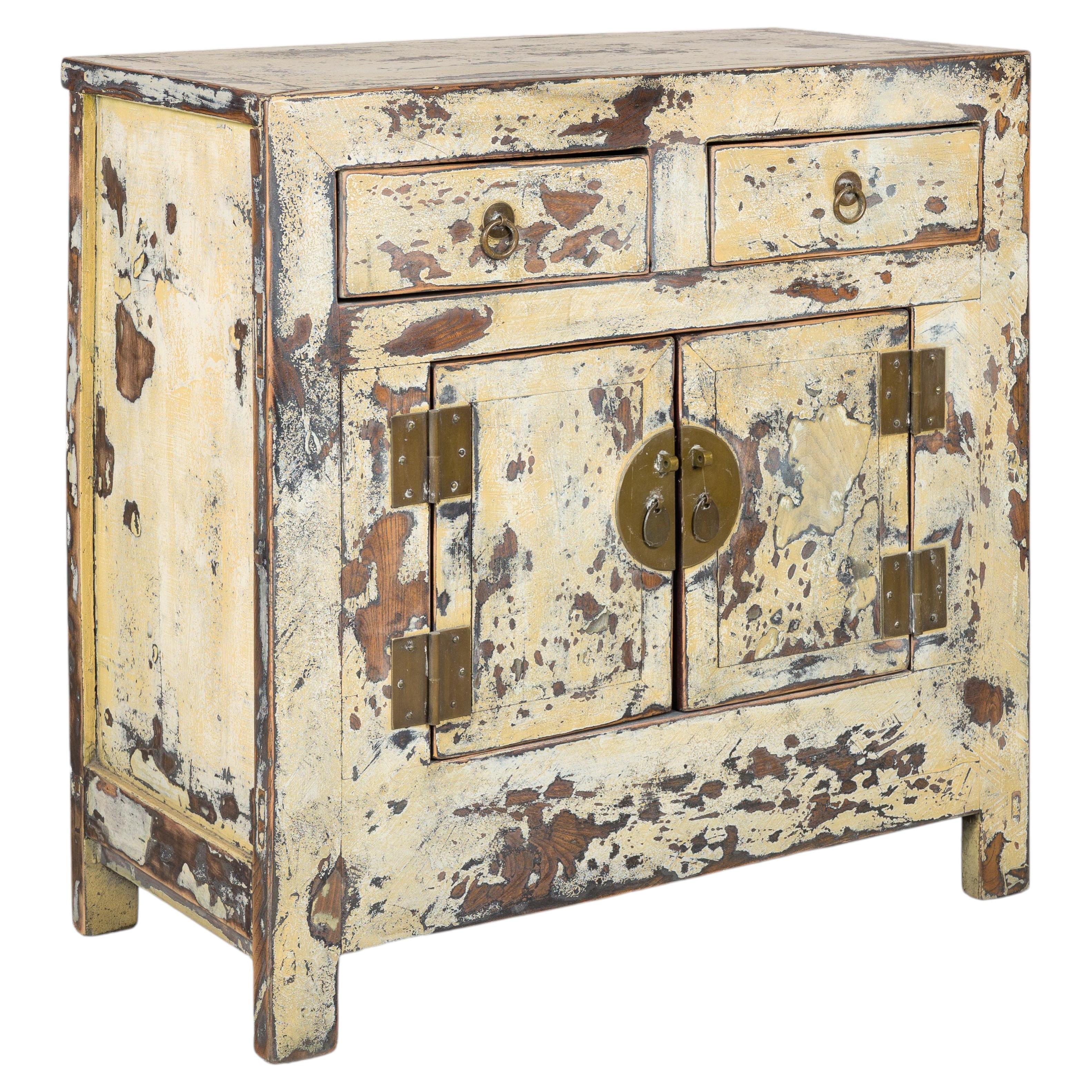 Vintage Chinese Rustic Side Cabinet with Distressed Cream Lacquer For Sale