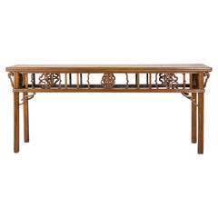 Antique Chinese Long Console Table with Carved Openwork Apron, circa 1900