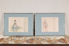 Pair of Antique Japanese Figural Woodblock Prints in Silvered Frames