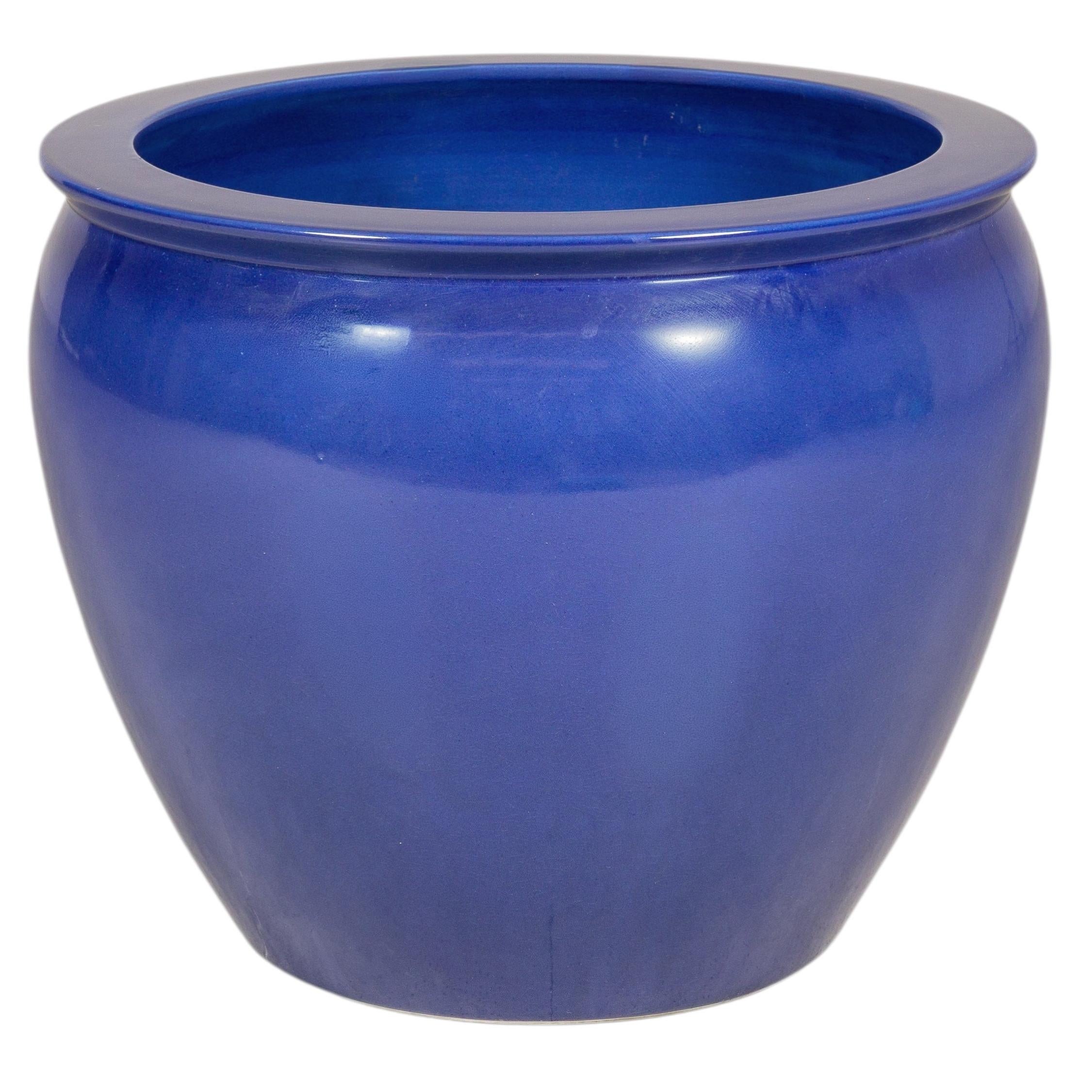 Large Vintage Chinese Cobalt Blue Glazed Ceramic Planter For Sale