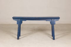 Vintage Chinese Blue Painted Wood Narrow Bench with A-Frame Base