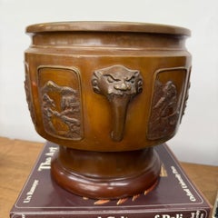 Pair of Bronze Japanese Hibachi Vessels, Meiji Period, Lion Handles