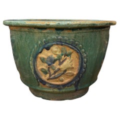 Floral Relief Green Ceramic Planter