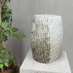 White Glazed Ceramic Pedestal, Bark-Textured with Brown Accents