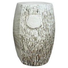 White Glazed Ceramic Pedestal, Bark-Textured with Brown Accents