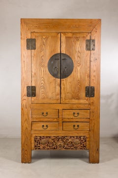 19th Century Chinese Qing Dynasty Elm Armoire with Carved Panel