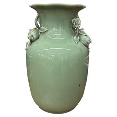 Jade Green Celadon Vase with Botanical Relief Handles