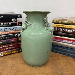 Jade Green Celadon Vase with Botanical Relief Handles