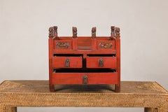 Vintage Chinese Red Lacquer Jewelry Chest with Carved Panels