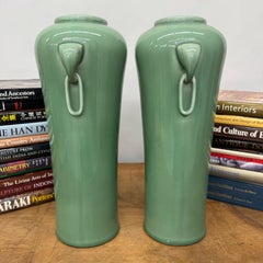 Celadon Ceramic Vases with Elephant-Head Ring Handles, Pair