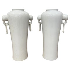 White Ceramic Vases with Elephant-Head Handles, Pair