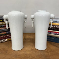 White Ceramic Vases with Elephant-Head Handles, Pair