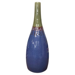 Tall Periwinkle Blue Vase, Olive Neck & Red Drip Glaze