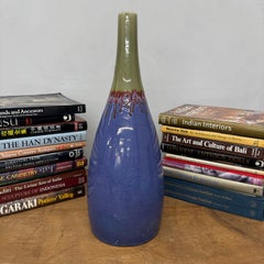 Tall Periwinkle Blue Vase, Olive Neck & Red Drip Glaze