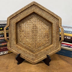 Hexagonal Woven Rattan & Bamboo Tray with Side Handles