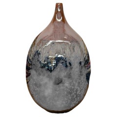 Narrow-Necked Rounded Ceramic Vase in Brown and Blue