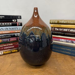 Narrow-Necked Rounded Ceramic Vase in Brown and Blue