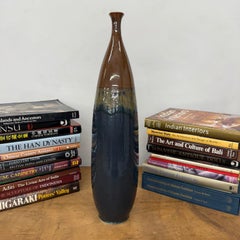 Narrow-Necked Skinny Ceramic Vase in Brown and Blue