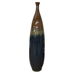 Narrow-Necked Skinny Ceramic Vase in Brown and Blue