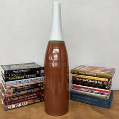 Tall Ceramic Vase, Brown & Green with Narrow White Neck