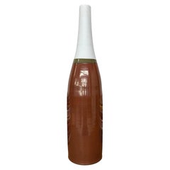 Tall Ceramic Vase, Brown & Green with Narrow White Neck