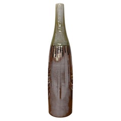 Slender-Necked Tall Ceramic Vase in Brown & Olive Glaze