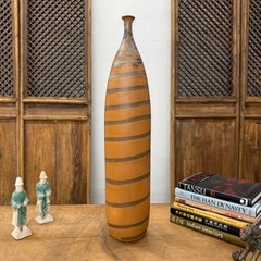 Fluted Neck Tall Ceramic Vase in Burnt Orange with Grey Swirls