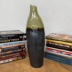 Tall Olive & Charcoal Ceramic Vase, Amber Drip Glaze