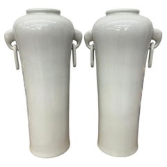 Tall White Ceramic Vases with Elephant Head Handles, Pair