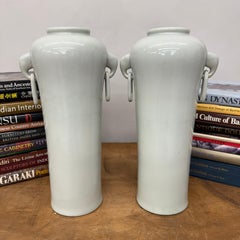 Tall White Ceramic Vases with Elephant Head Handles, Pair