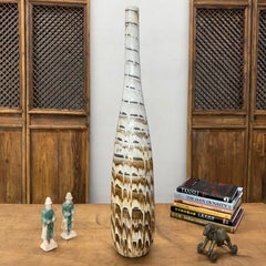 Slender Tall Ceramic Vase, White & Brown with Drip Cascade