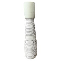 Tall White Ceramic Vase with Brown Swirl Lines