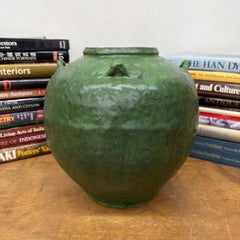 Green Glazed Stoneware Water Jar, Wabi Sabi Character
