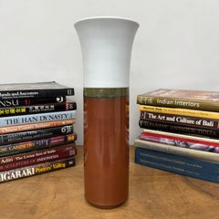 Fluted Ceramic Vase, White & Copper with Olive Glaze Band