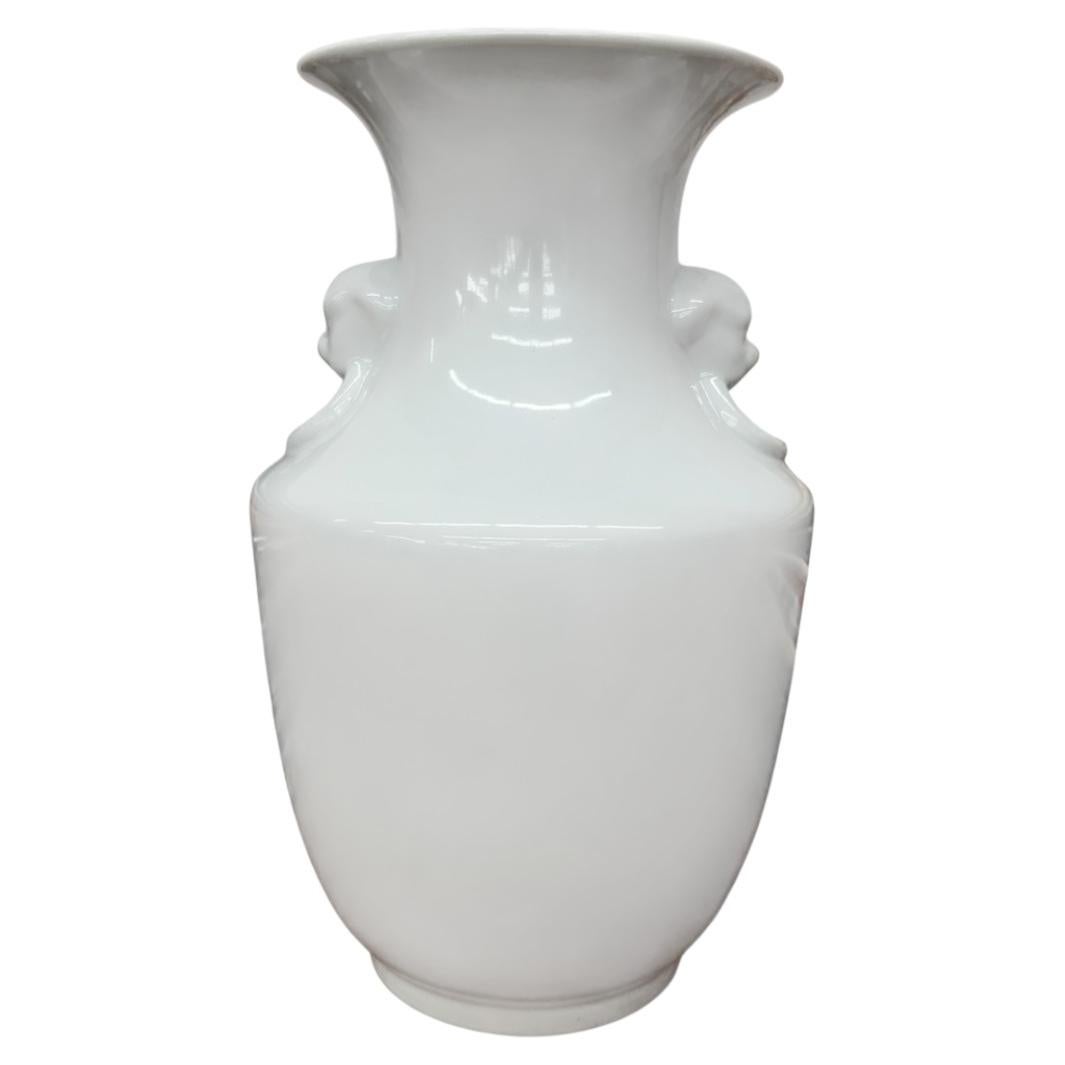 Foo Dog Handle Vase in White Glazed Ceramic For Sale