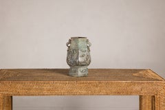 Vintage Archaistic East Asian Hexagonal Bronze Vase with Koi Relief