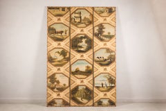Vintage Chinese Three-Panel Painted Leather Screen with Pastoral Scenes