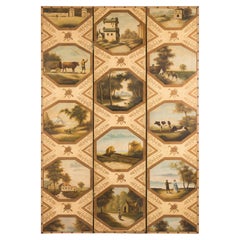 Vintage Chinese Three-Panel Painted Leather Screen with Pastoral Scenes