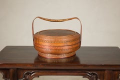 Vintage Chinese Woven Rattan Covered Basket with Painted Decoration